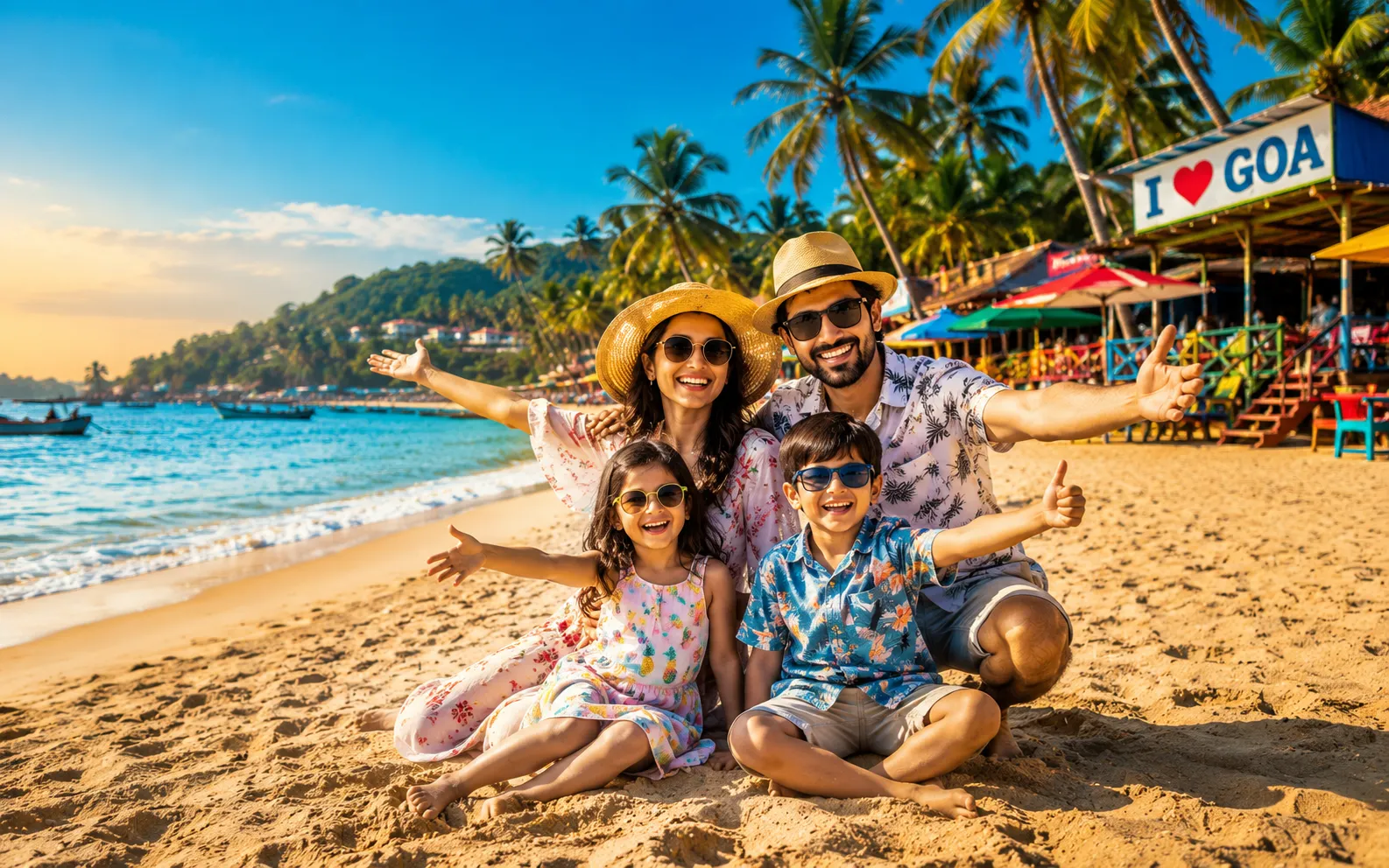 Family Goa Tour Package with happy family enjoying Goa beach, resort stay and fun vacation activities together.
