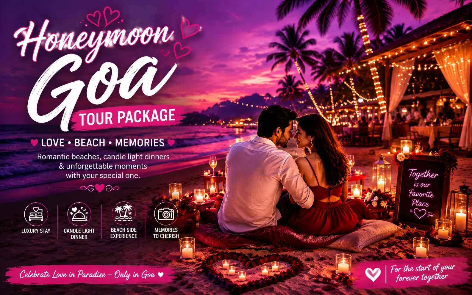 Romantic Honeymoon Goa Tour Package with couple enjoying sunset beach, luxury resort and candlelight dinner in Goa.